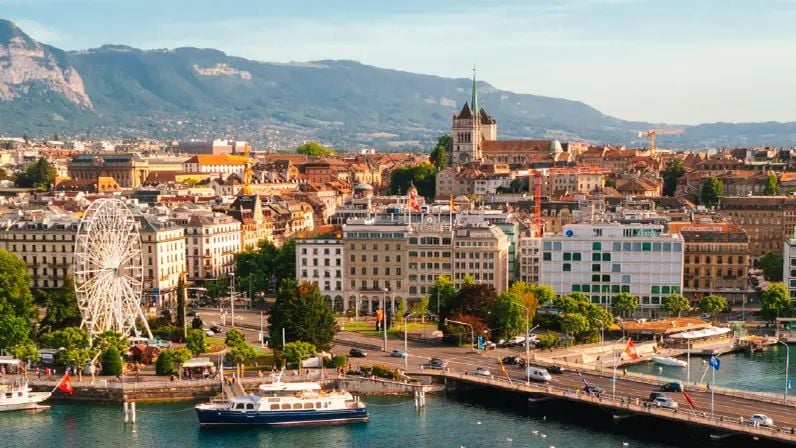 Lake Geneva Switzerland Waterfront with ferris wheel.