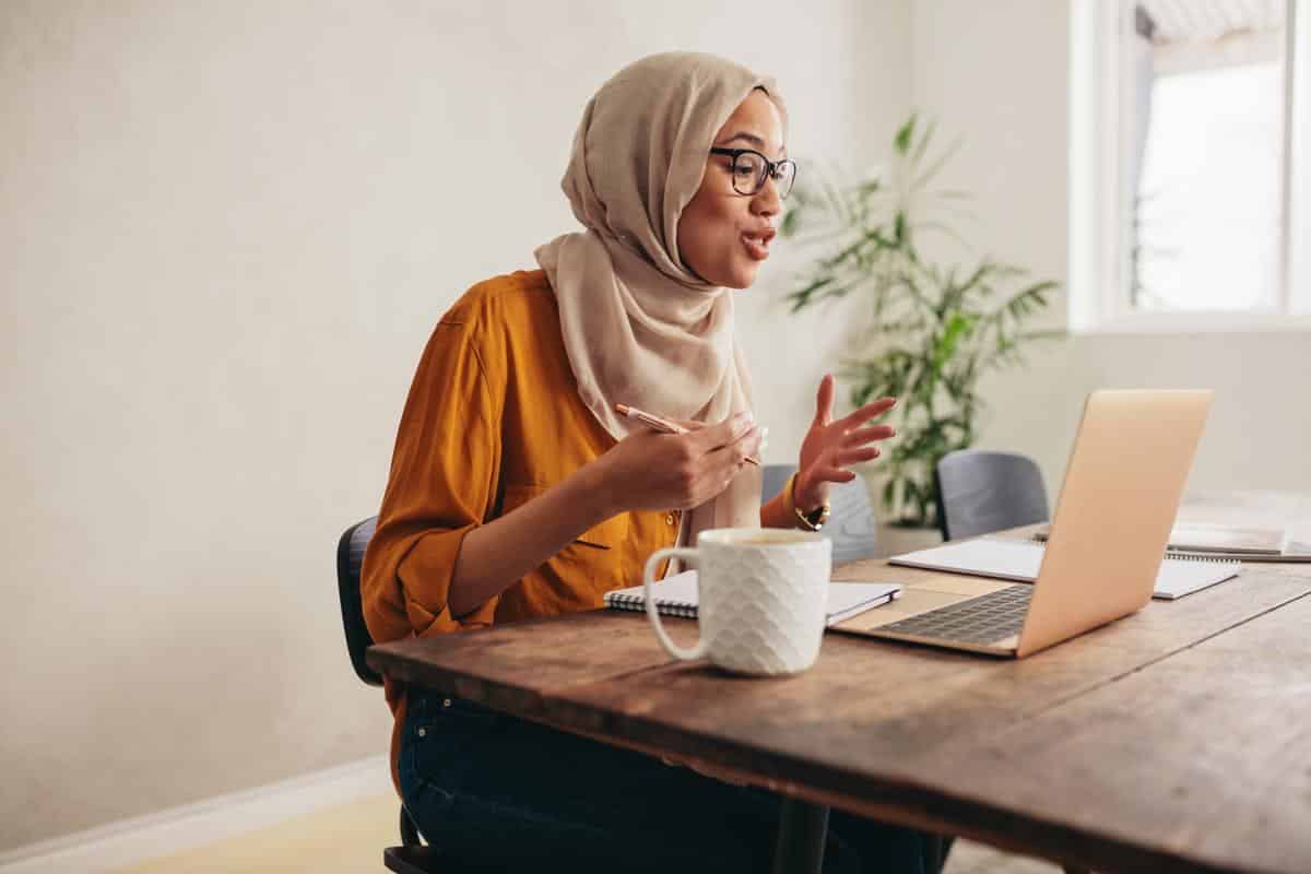 Muslim businesswoman on a zoom video call